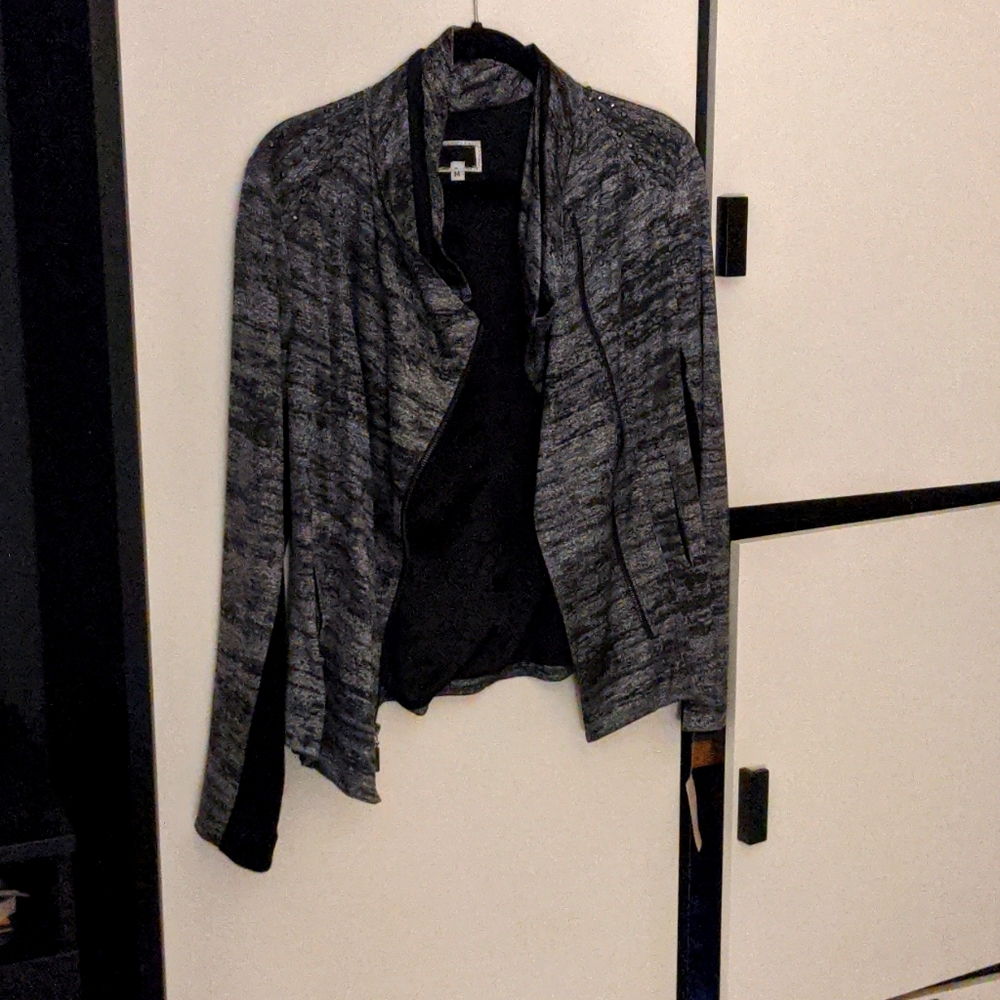 Gray and black jacket with rhinestones on shoulder